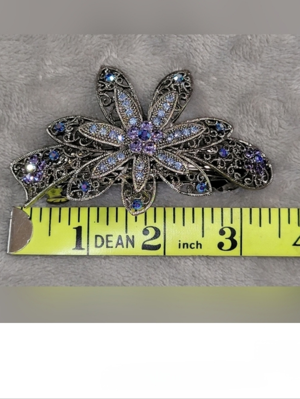 Vintage Filigree Silver Crystal Rhinestone Flower Barrette Hair Clip Blue Purple - Picture 6 of 7